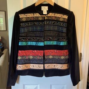 Vintage Susan Bristol Black Velvet Tapestry Jacket with Ribbons Sz 8